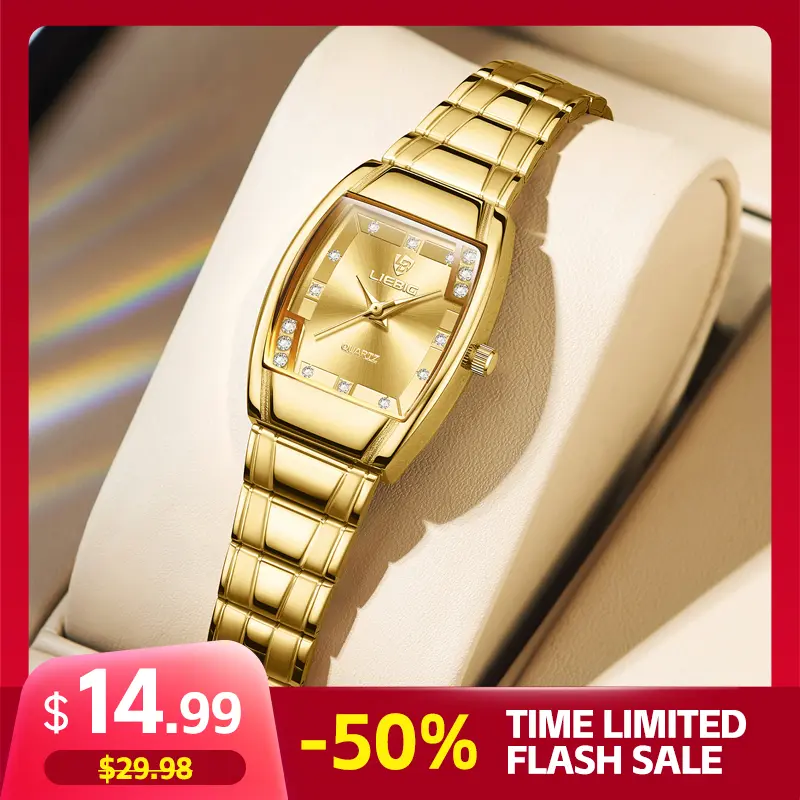 LIEBIG Women's Elegant Luxury Modern Waterproof Gold Analog Alloy Gold-Dipped Versatile Quartz Watch, 22mm Rectangle Case, 3ATM 30M-50M Water Resistance, Stainless Steel Strap, Curved Glass Surface, New Year Gift, Alloy Quartz Watches, Gold-Dipped Quartz