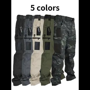 Men's solid color camouflage printed pocket zipper waterproof tactical work pants, without waistband, regular fit sports pocket, autumn durable pants, men's wear-resistant outdoor training pants, plus one size men's pants camouflage printed pocket O