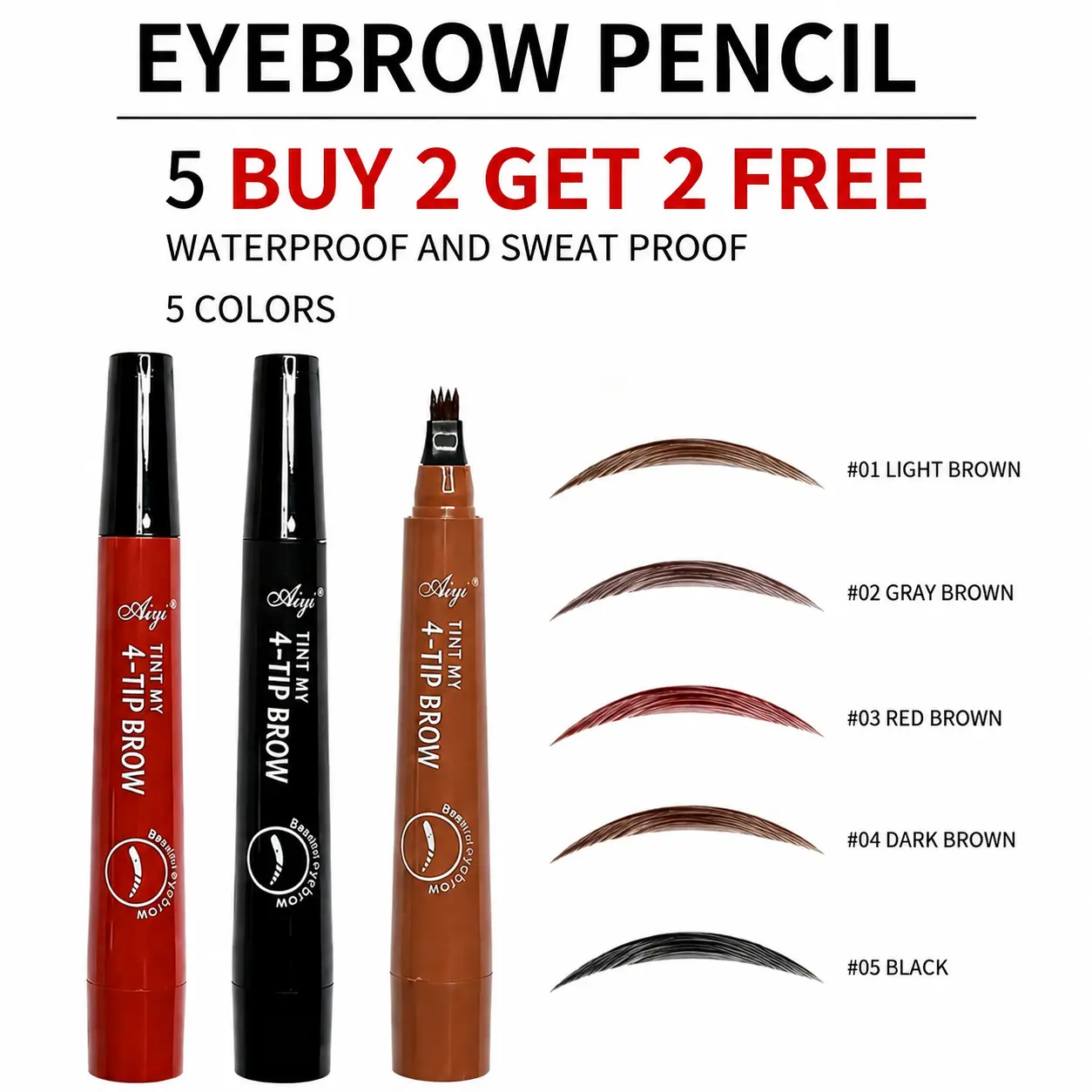 4-Tip Microblading Eyebrow Pen, Waterproof Sweatproof Liquid Brow Makeup, 5 Shades Natural Hair-Like Effect, Buy 2 Get 2 Free Deal