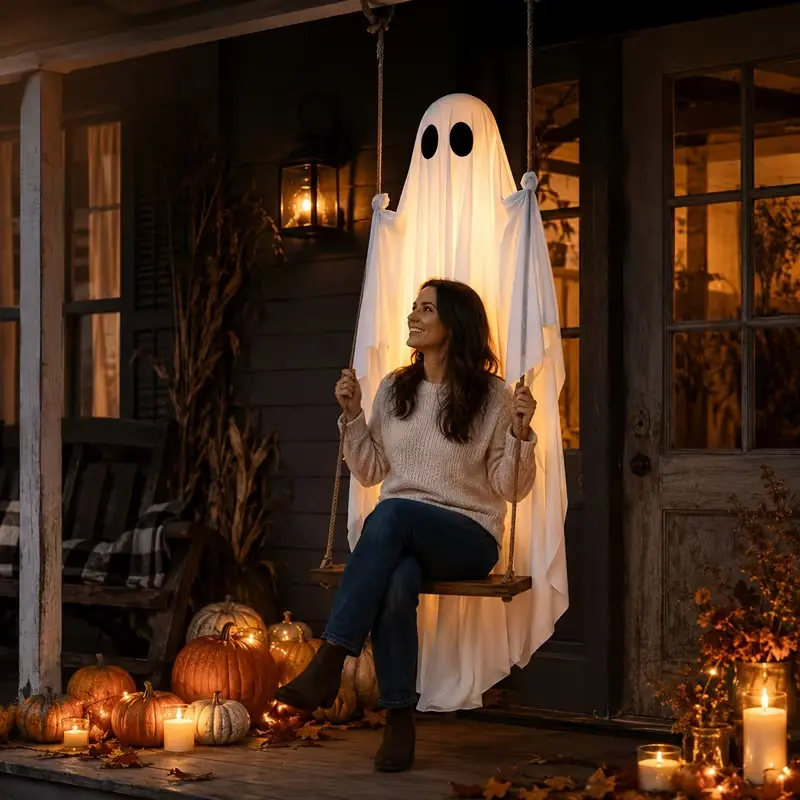 LED Light-Up Swinging Ghost Halloween Decoration with Maple Leaf Garland & Remote Control, Hanging Outdoor Decor for Yd, Porch & Party, Halloween Decorations Outdoor, Party Lighting Decoration