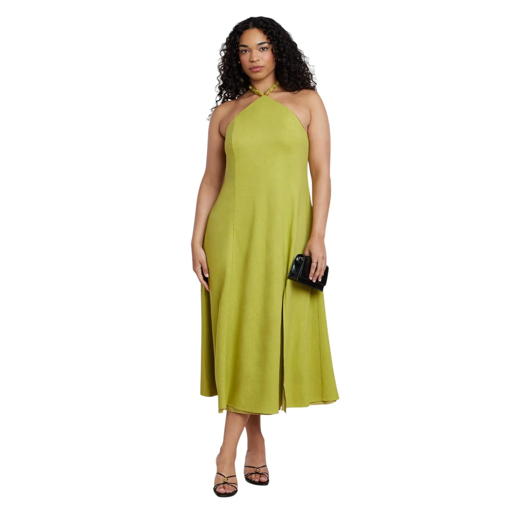 ELOQUII Women's Plus Size Bead Detail Linen Halter Midi Dress
