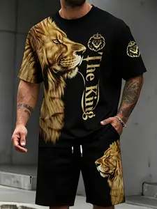 Men's 2-Piece Set The King Lion Print T-Shirt & Shorts Summer Casual Tracksuit fathersdaygift