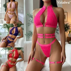 Fashion Metal Heart Chain Lingerie Set Sexy Lace Gathered Garters Alluring Seduction Style Slim Fit Comfortable Soft Fabric Eye Catching Design Nightwear Underwear Bedroom Wear Romantic Occasions