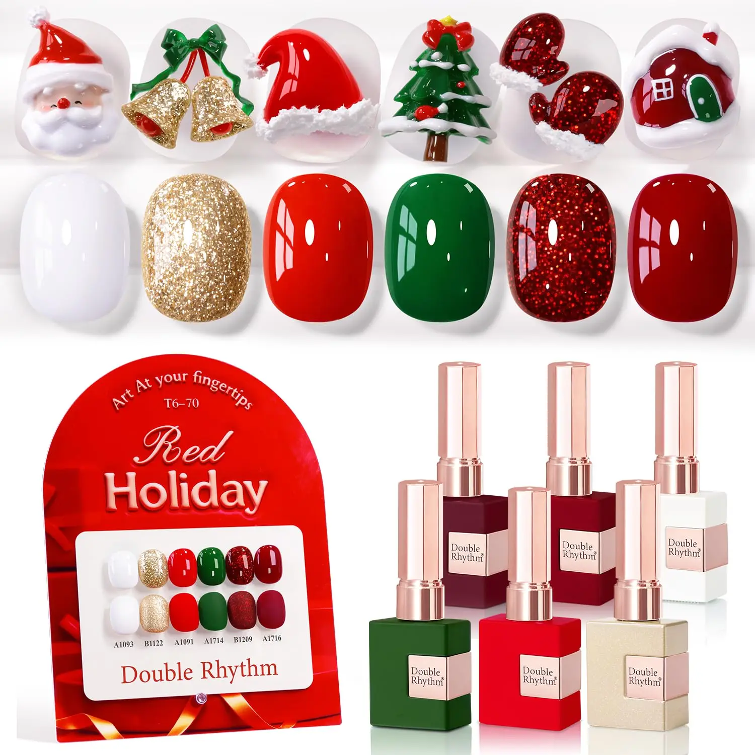 Double Rhythm 6-Piece 15ml Nail Polish Set - Same Color Same Bottle Soak-Off Gel Kit for Women's Nail Art, Salon or Home DIY (Glitter Burgundy, Red, Gold, Green, White-T6-70)