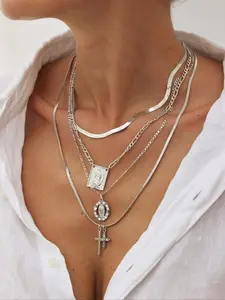 Bohemian Style Metal Cross Pendant Necklace Set, Vintage Layered Design for Daily Wear & Parties, Unisex Religious Symbol Jewelry, Boho Style Jewelry, Multilayer Cross Necklace, Fashion Jewelry Party