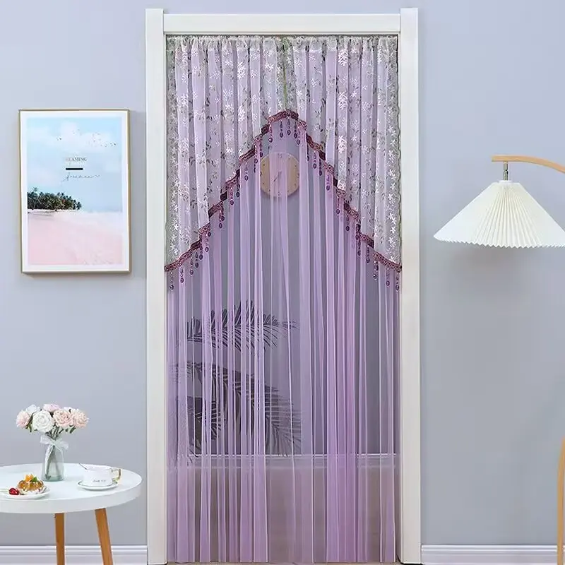 Cottagecore No-Drill Mesh Doorway Screen, Vintage French Floral Lace Half Curtain for Bedroom, Renter Friendly Anti-Bug Decor