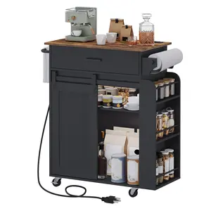 YATINEY Kitchen Island with Storage, Kitchen Storage Cabinets with Charging Station, Kitchen Island on Wheels, Rolling Island Table with Sliding Cabinet Door, Black and Rustic Brown