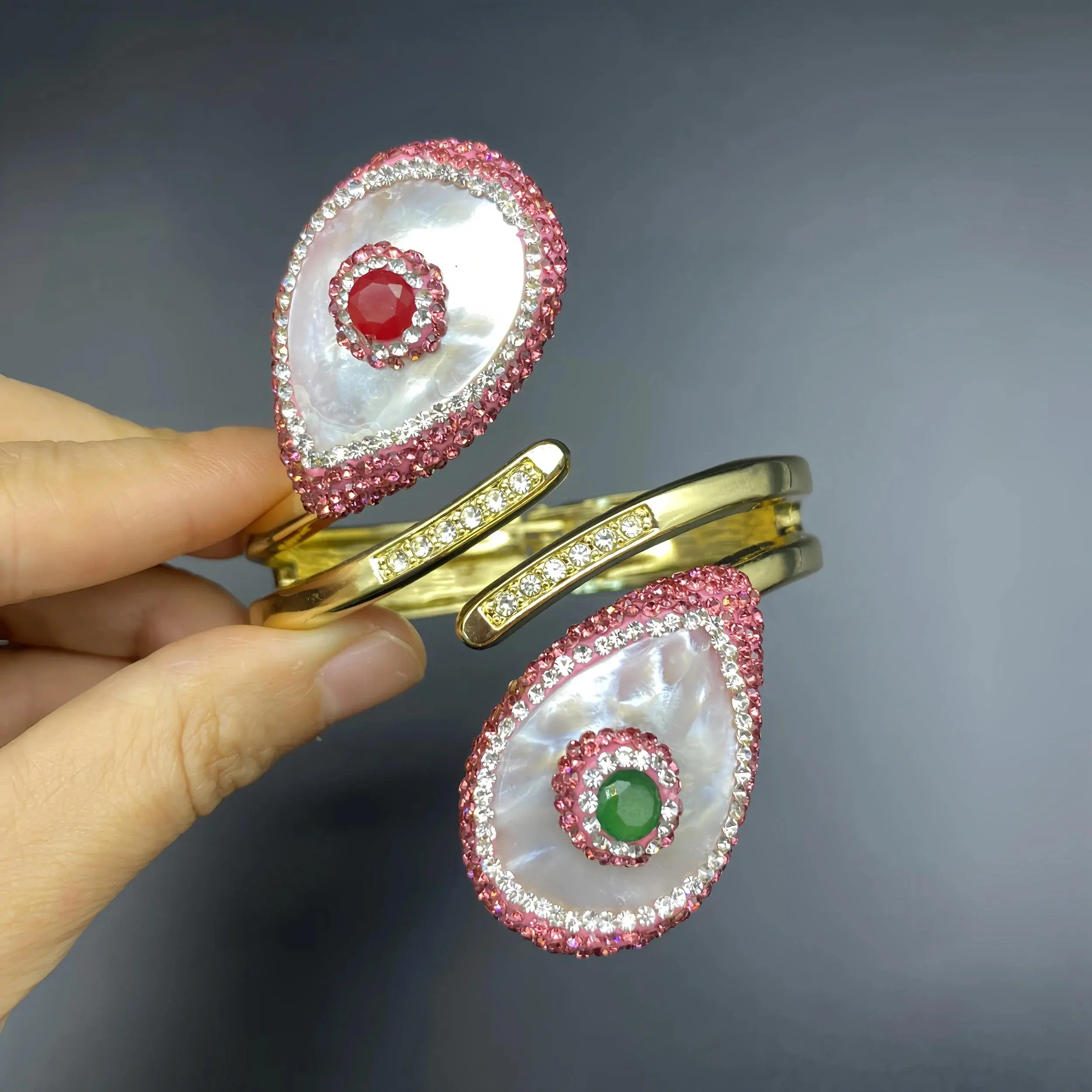 Gold Plated Metal Bangle with Colorful Shell Pearl, Quartz & Gemstone Crystals, Cute Handmade Cuff Bracelet for Women, Casual Jewelry, Adults, Daily, Female, Gift Box, Handmade On Site