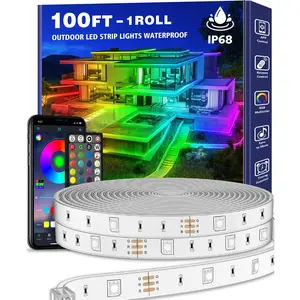 100 Feet Waterproof Outdoor LED Strip Lights, Comes with App and Remote Control, Music Sync RGB Lighting, Suitable for Roofs, Decks, Balconies - Self-Adhesive Backing, 110V-240V Plug-in Power Supply, Easy Installation