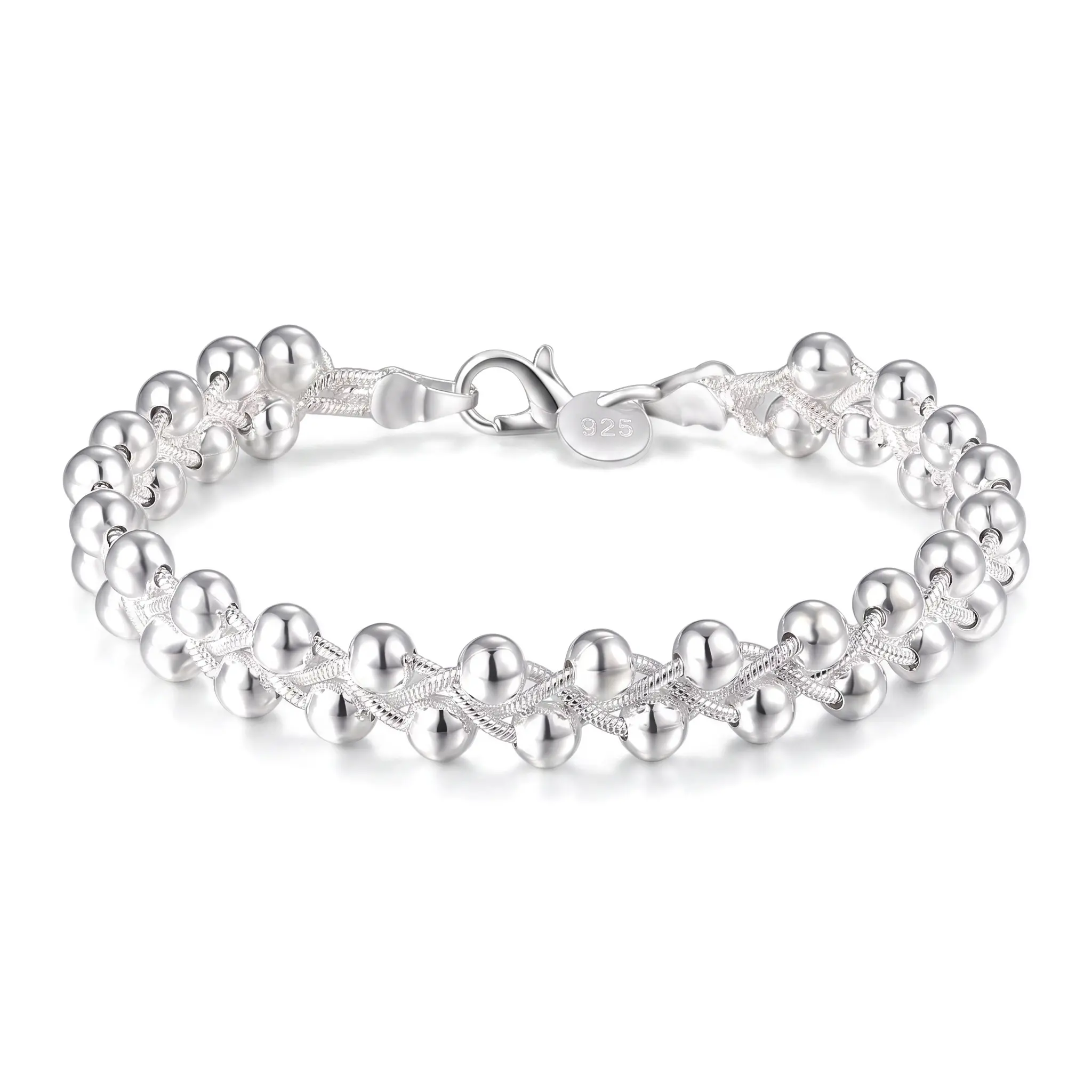 925 Sterling Silver Bracelet for Women, Handcrafted Woven Mesh Ball Chain with Secure Lobster Claw Clasp, Length 20cm, Minimalist Anniversary Gift