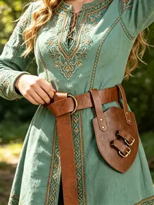 2PCS Set Medieval Renaissance Leather Belt with Fan Holder, Retro Viking Style Waist Belt with Fan Holster, Adjustable Brown Leather Belt for LARP, Cosplay, Ren Faire（Excluding fans）