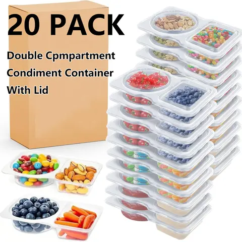 20-Pack Ready Double Compartment Disposable Condiment Containers with Lids, Kitchen Plastic Storage Containers, Portable for Outdoor Picnic & Travel Takeaway Dipping Sauce Storage