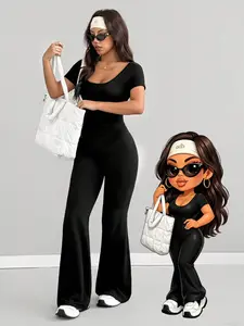 Elastic Fabric Slimming Jumpsuit, Kardashian Style Minimalist Versatile One-Piece, Short Sleeve Fitted Jumpsuit for All Seasons