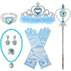 KF5-JLY04   Princess Dress Up Accessories Princess Gloves, 7pcs Dress Up Set for Toddler Girls with Princess Crown, Wand, Gloves, Necklace, Earrings, Bracelet and Ring, Costume Toys for 3-6 yr Little Girls