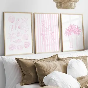 Pink Coastal Set Of 3 trendy coastal aesthetic, beach prints, coastal wall art, seashell print, bikini