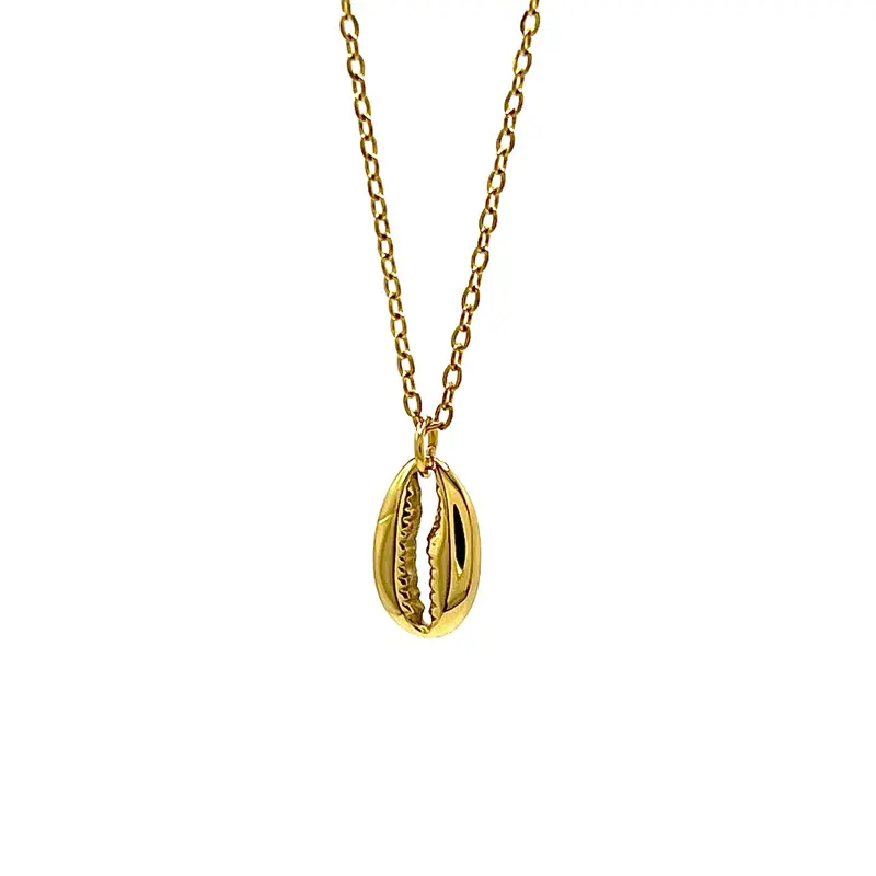14K Gold Plated Cowrie Shell Pendant Necklace for Women, Hypoallergenic Stainless Steel Spiritual Seashell Choker Chain, Minimalist Meaningful African Symbol Beach Layering Jewelry Gift