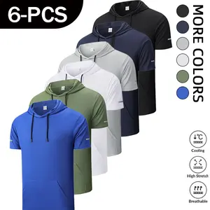 Men’s 6-pack quick-dry hooded sports tops with kangaroo pockets—lightweight, breathable athletic T-shirts and high-stretch short-sleeve fitness hoodies, suitable for training.