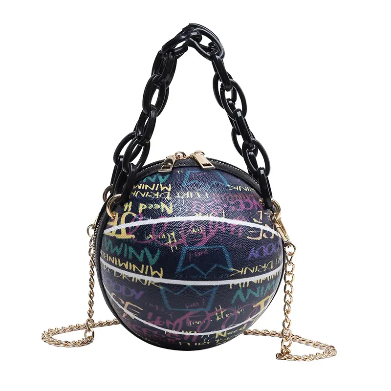 Women's Acrylic Basketball Handbag - Graffiti Print Crossbody Bag with Letter Details, Chain Strap for Sports, Casual Wear, Crossbody Carry
