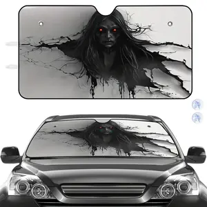 Car Sunshade Black Ghost Woman With Red Eyes And Cracked Background Design | Polyester Fiber, Universally Applicable for Car Windshield Protection