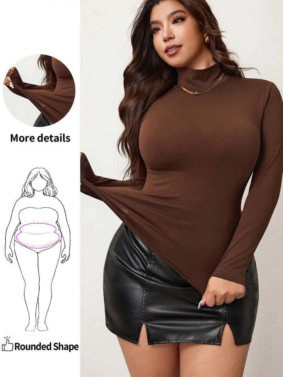 Plus Size Solid Color Turtleneck Slim Fit Long Sleeve T-Shirt, Autumn
