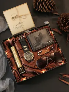 Men's Watch Gift Box Set, Analog Quartz Watch, Rubber Strap, Wallet, Keychain, Sunglasses, Hair Clipper, Perfect Party & Holiday Gift