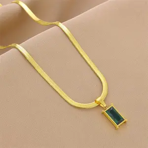 Titanium Steel Necklace for Women Elegant Luxury Unique Design with Emerald Green Stone Pendant High-End Accessories