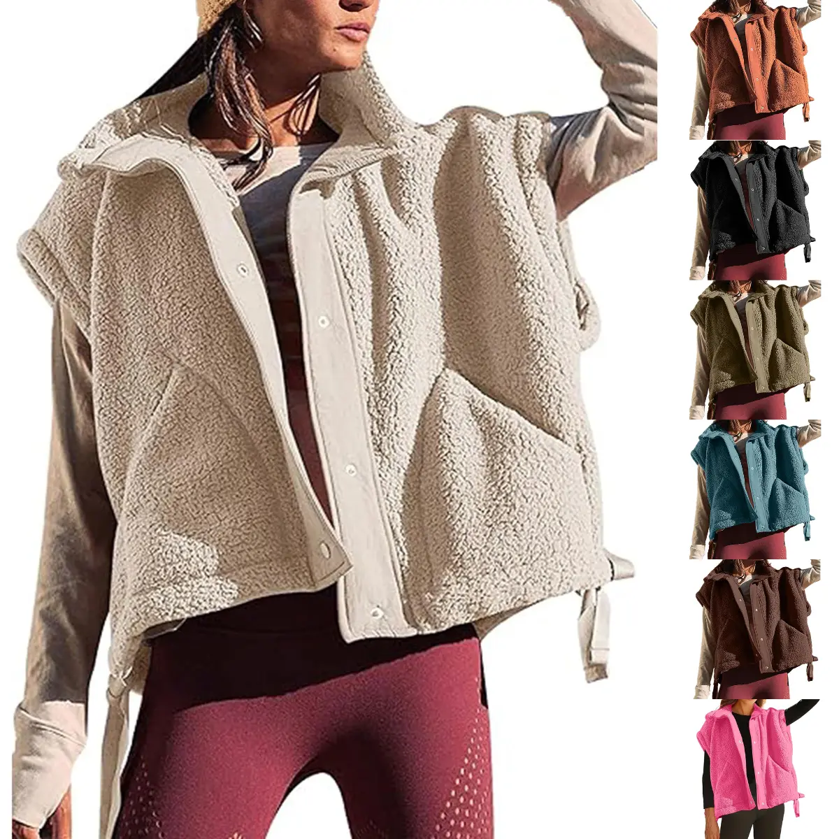 Mibbory Oversized Sherpa Fleece Vest for Women Cozy Sleeveless Jacket Gilet with Pockets & Button Closure Casual Minimalist Winter Tops fleecevest oversizedfit Women'swear Basic Collared 2026 Fall Fashion