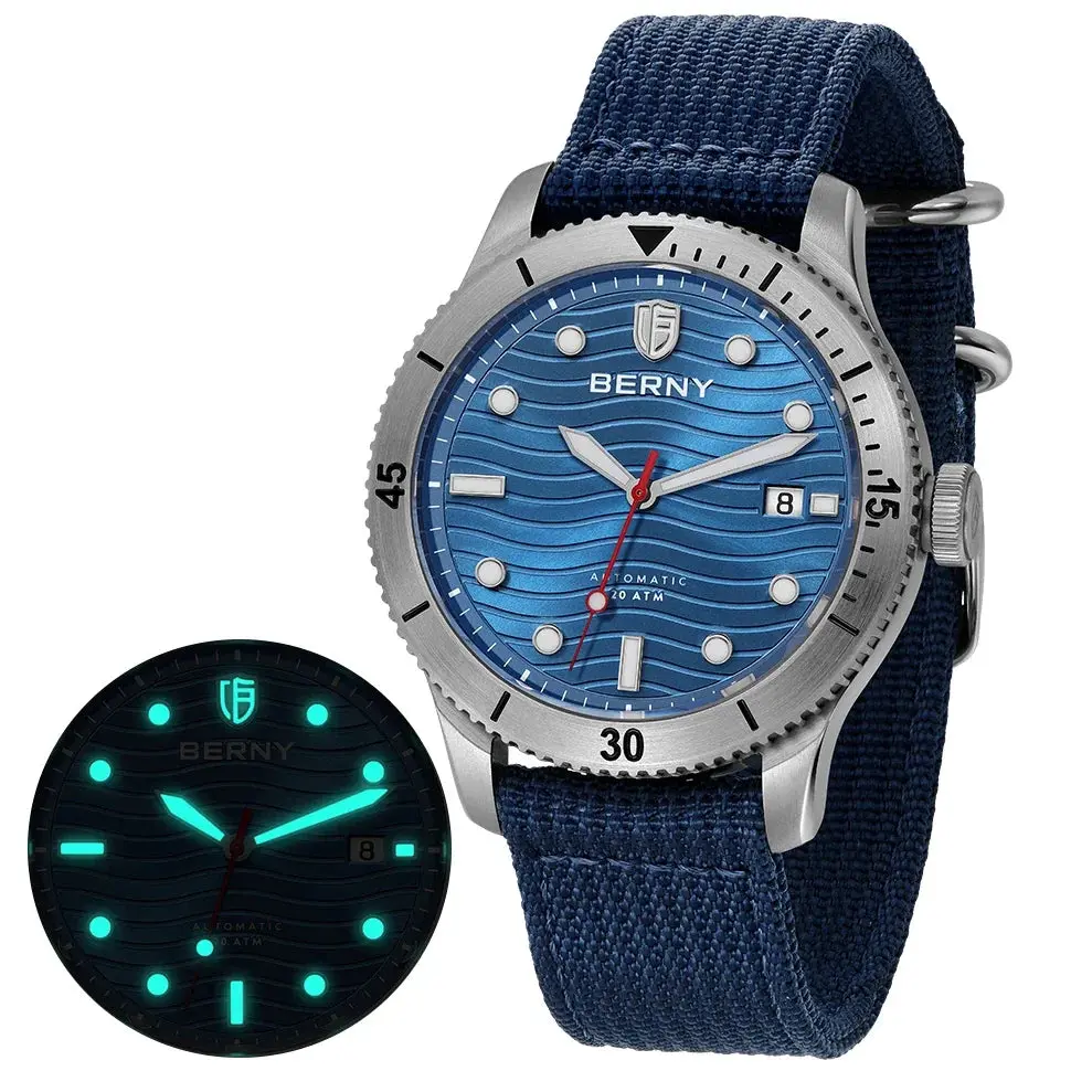 BERNY Automatic Diving Wristwatch for Men PT5000 Movement 20ATM Waterproof Luminous Sapphire Mechanical Sport Divers Watch Men