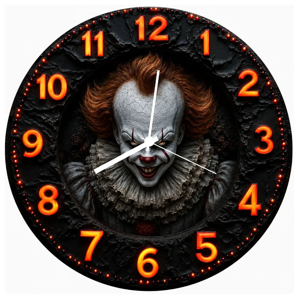 Halloween Horror Wall Clock with Pennywise, Michael Myers and Freddie Krueger Design and Orange Numbers for Spooky Decor