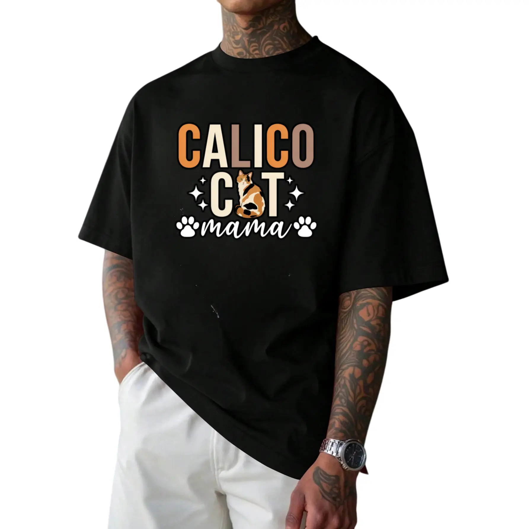 Calico Cat Mama T-Shirt - Heavyweight Tabby Cat Face & Paw Print Tee with Calico Kitten Design -Casual Shirt for Men - Funny Cat Lover, Christmas - Machine Washable