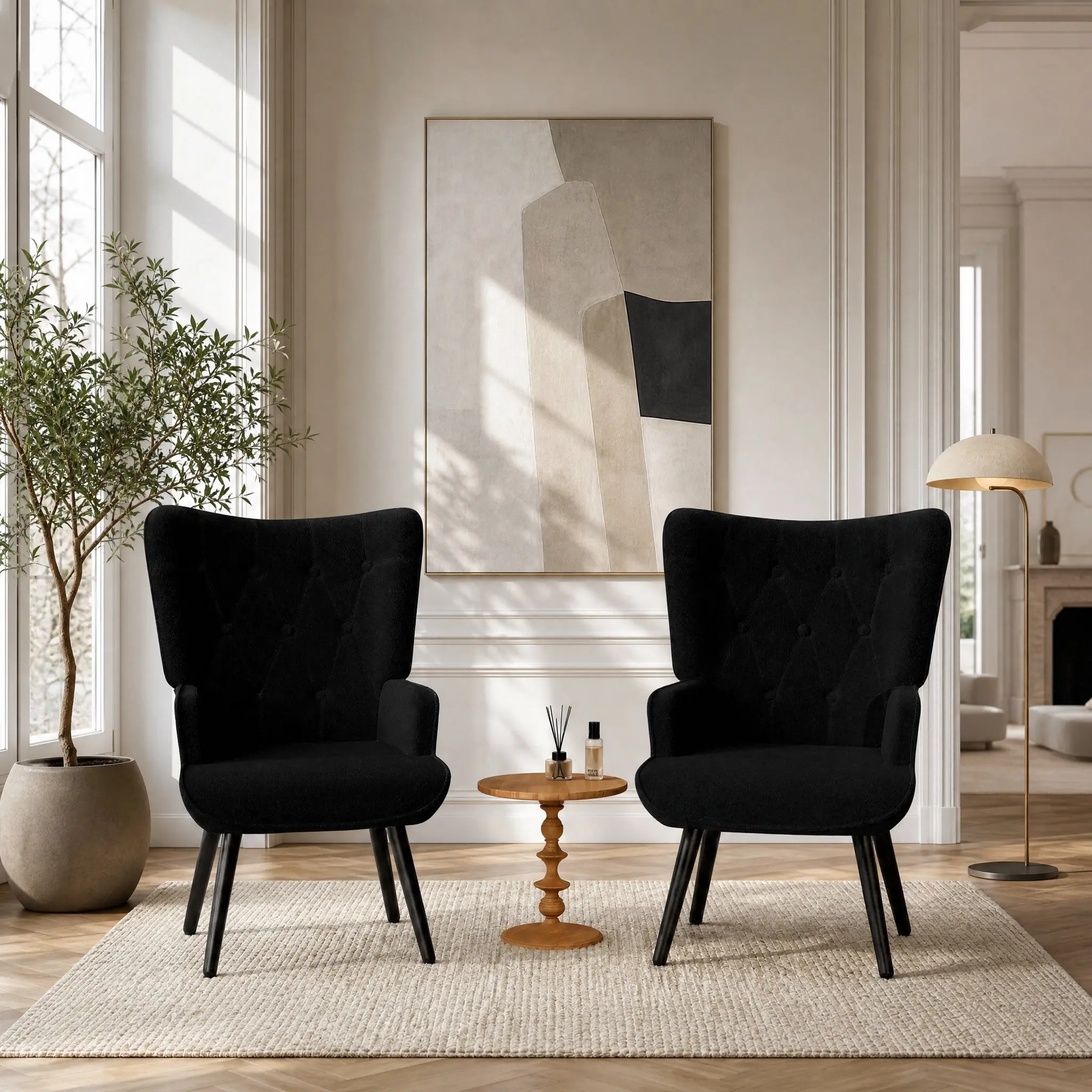 MAMIZO Modern Upholstered Teddy Fabric Accent Chair - Metal Tapered Legs, Button Wingback, Fixed Back Ergonomic Tall Back, Durable Indoor Furniture for Living Room, Bedroom