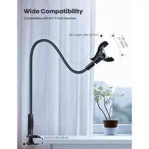 GP05 38 Inch Extra Long Gooseneck Phone Holder Nylon Braided Flexible Arm Lazy Bed Stand for Headboard 360 Clamp Mobile