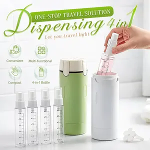 Travel 4-in-1 Wash Bottle, suitable for shampoo, conditioner, lotion, skincare and cosmetics. 4-in-1 pump dispenser, Organiser, refillable squeeze liquid container, essential travel-sized empty bottles.