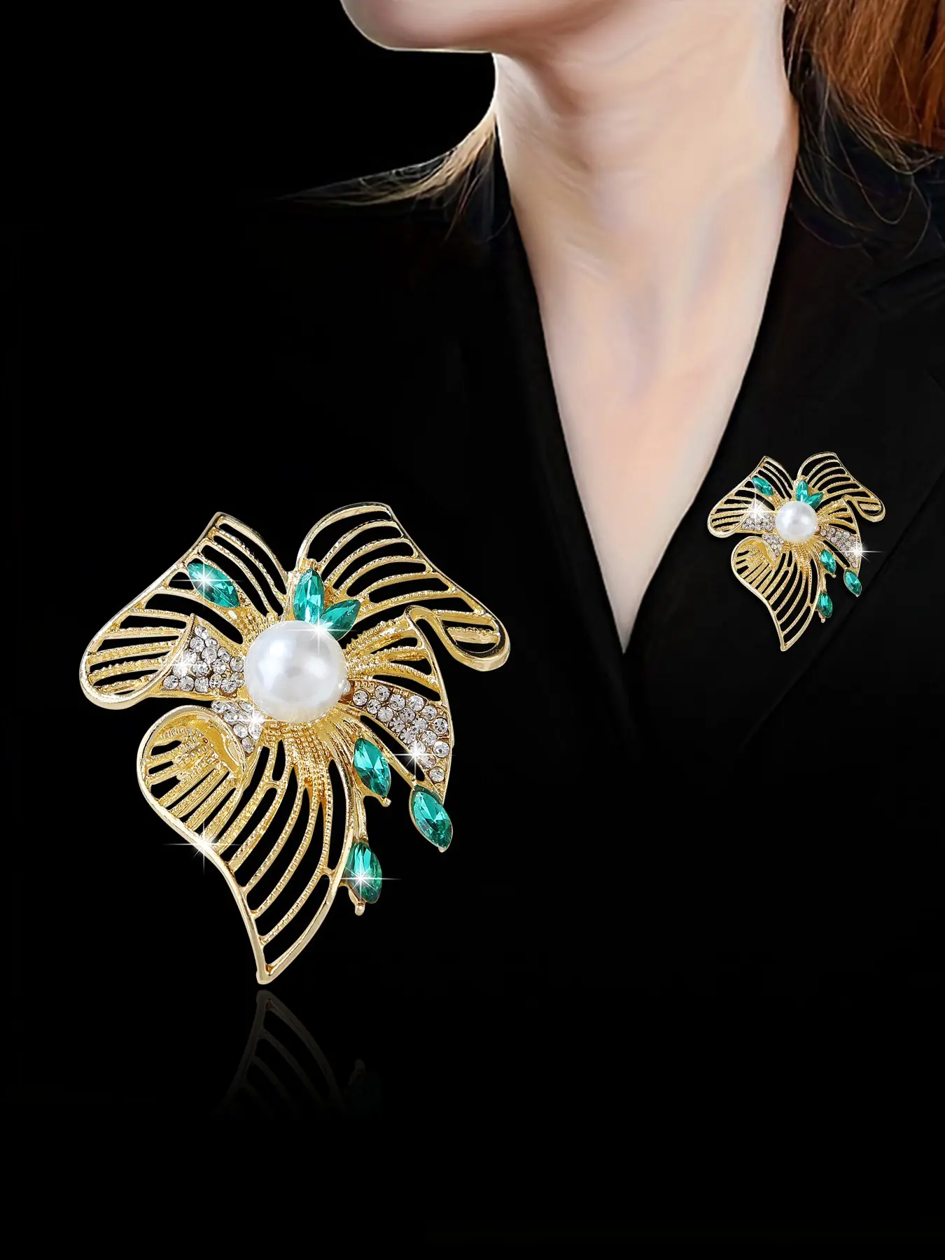 Fashionable Vintage Charm Emerald Pearl Flower Brooch Pin, Luxurious Light Luxury Clothing Accessory, Accessories for Women, Unique Design Jewelry for Women