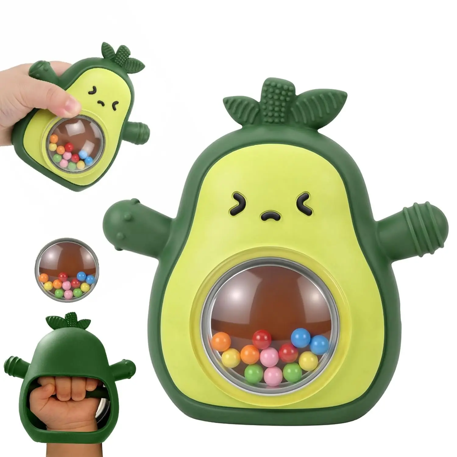 Baby Rattle Teething Toys Silicone Avocado Teething Mitten Sensory Toys for Grasping Chewing Sucking Hearing Needs-Baby Teether for Teething Relief-BPA Free Infant Toys Baby Shower Gifts