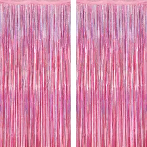 2-Piece Set of Shimmering Pink Backdrops, Birthday Party Decorations, Laser-Cut Pink Fringe Curtains, Foil Streamers, Photo Backdrops, Valentine's Day and Happy Birthday Backdrops