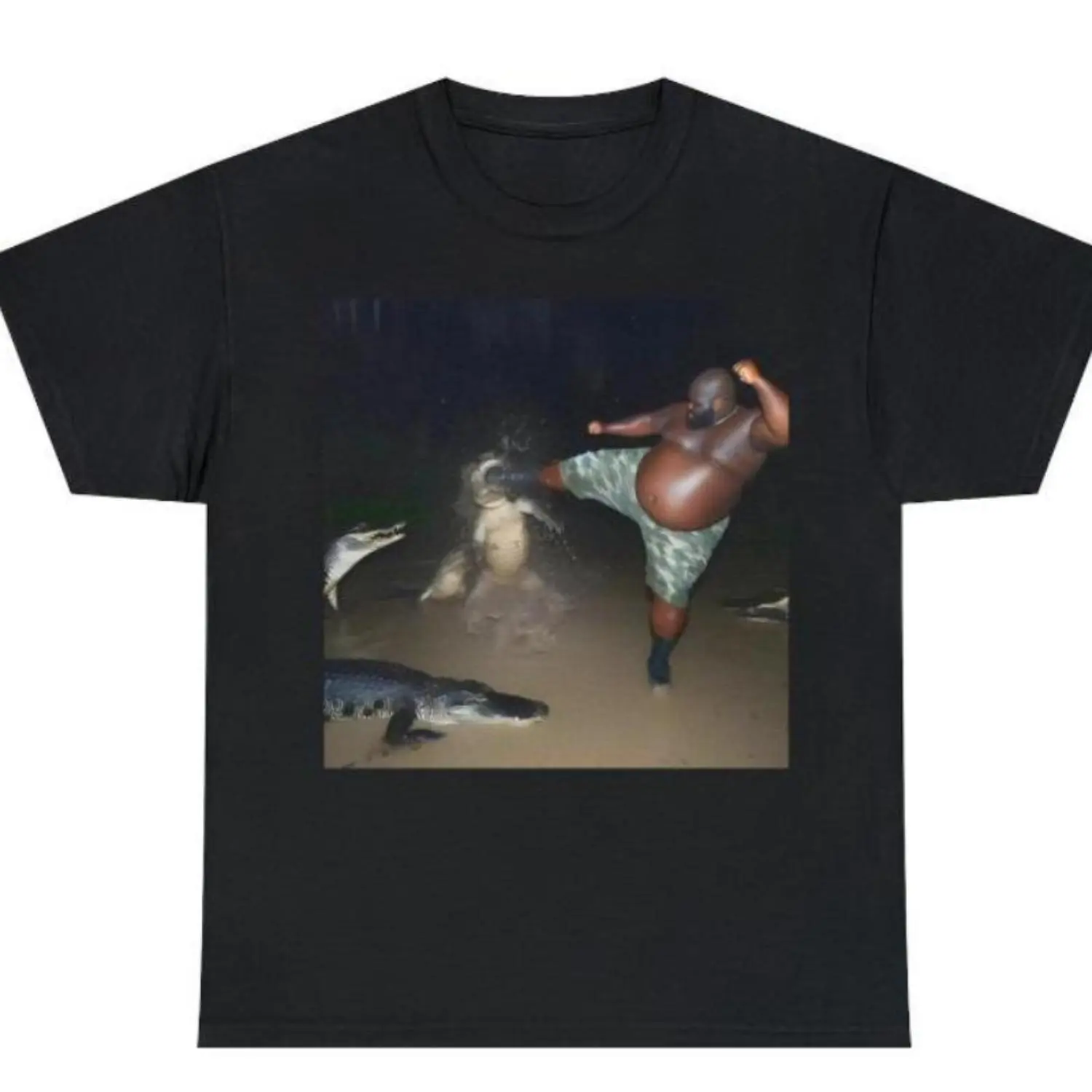 Humorous Man Kicking Alligator in Swamp TShirt Unisex Meme Shirt Sizes Small To 3Xl Menswear Top