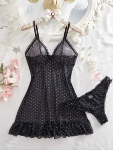 Women's Homecoming Dress Set, Soft Comfortable High Elasticity Fitted Print Nightgown, Elegant Ruffled Hem Design, Breathable Fabric Nightwear