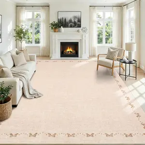 Washable Bow Border Living Room Rugs, Cute Aesthetic Girls Bedroom Rug with Non Slip Back Soft Minimalist Low Pile Nursery Rugs for Kids Room Indoor Farmhouse Ultra Thin Non Shedding Home Decor Carpet for Dining Room Office