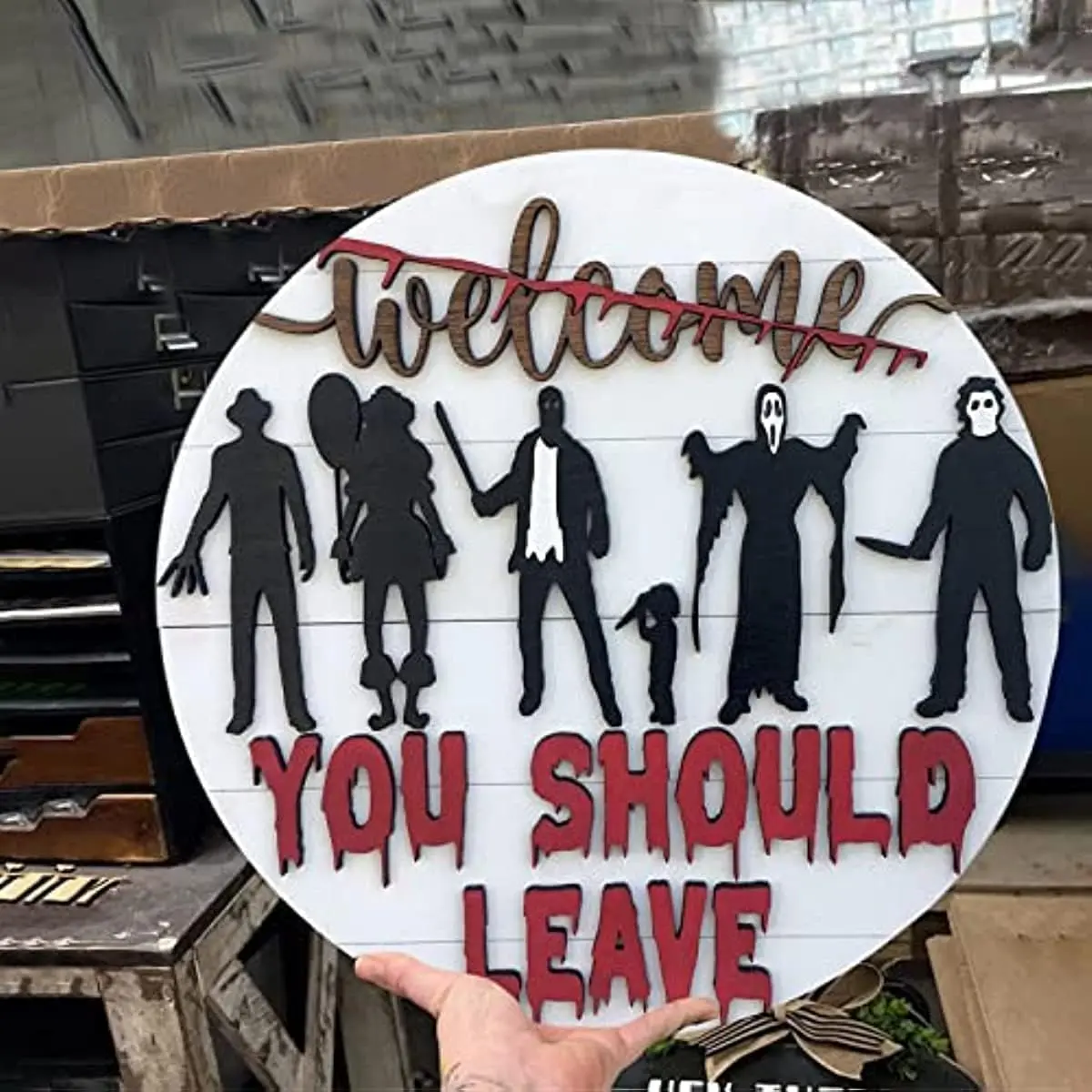 Front door Halloween horror welcome sign featuring a scary movie character; terrifying Halloween decoration with wooden wreath door hanger for farmhouse doors, porches, and wall decor; suitable for outdoor use.