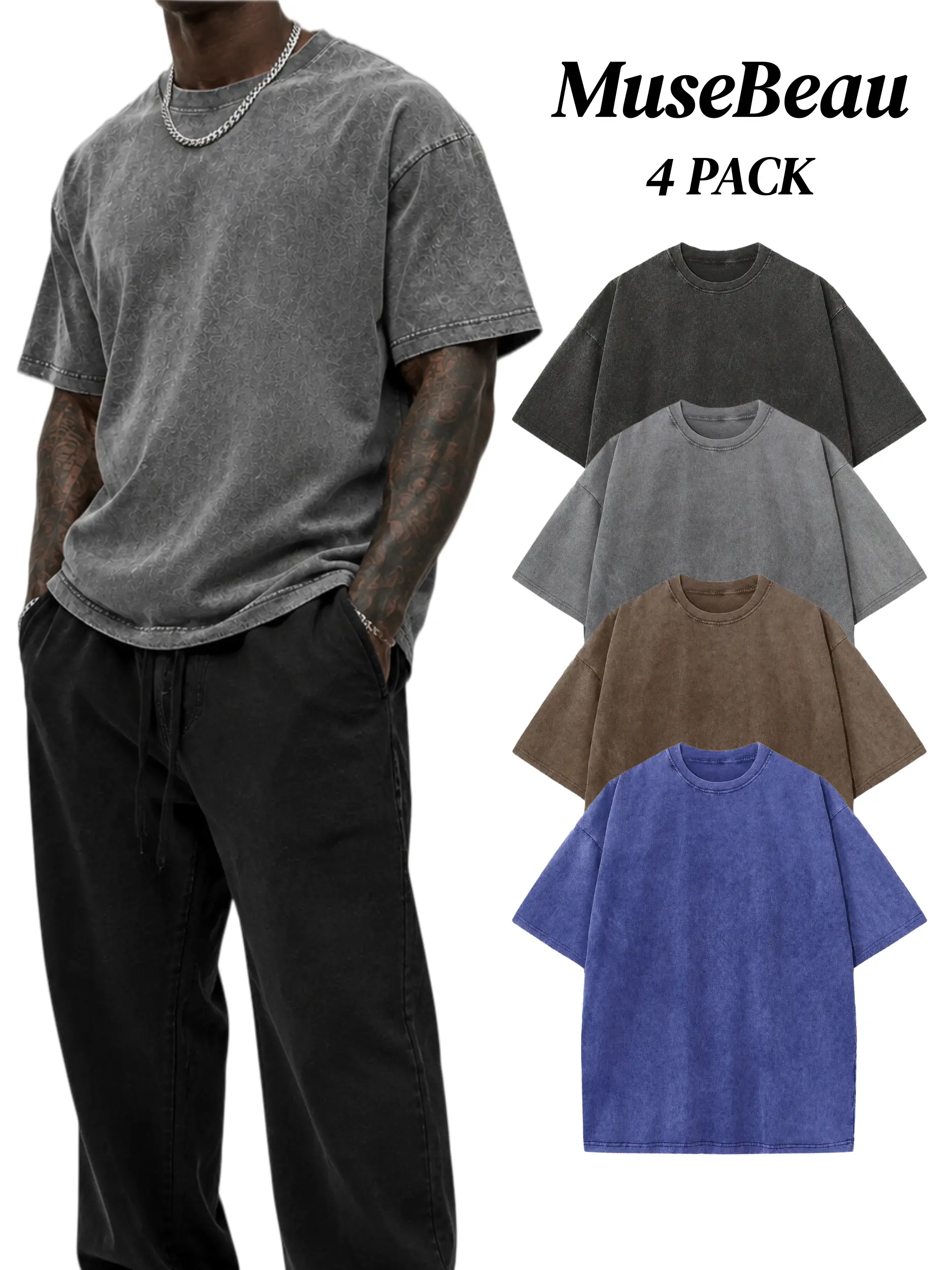 Men's 4-Pack Oversized 240g Pure Cotton Short-Sleeve T-Shirts - Unisex Baggy Plain Foldable Clothes, Acid Wash Loose-Fit Retro Streetwear, Soft Breathable Heavyweight Tops for Everyday Wear, Gym, Shortsleeve, All Seasons