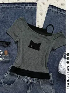 Women's Y2K Style Slim Fit Printed Top, Womenswear Casual Streetwear Fashion Shoulder-Exposed Short Sleeve T-Shirt, Cute Cat Print Two-Piece Design, Strap & Tie Details, Casual Comfy Tee