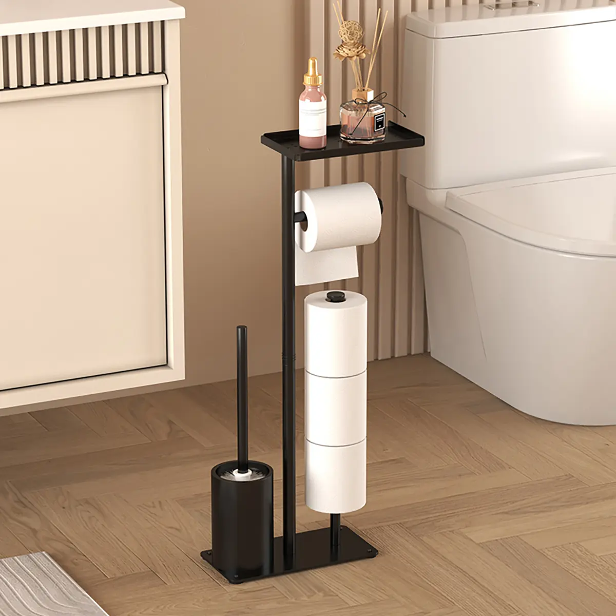 Space-Saving Modern Bathroom Organizer with Storage Shelf & Toilet Brush Holder, Multi-Purpose Bath Accessories, Standing Paper Towel Dispenser, Tissue Dispenser, Bathroom Accessory