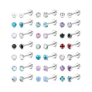 Mixed Color Screw Back Stud Earrings, Stainless Steel Cartilage Earrings for Women & Men, Trendy All-match & Exquisite Jewelry for Birthday Gift