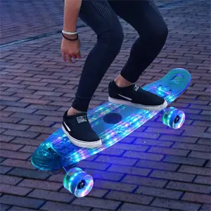 22 Inch Skateboard for Kids 6-8,Led Light Up Cruiser Skateboards Complete for Ages 4-5-10-12 Boys Girls Beginners Teens Youths,Mini Kids Skateboard Small Penny Board Flash Clear Blue