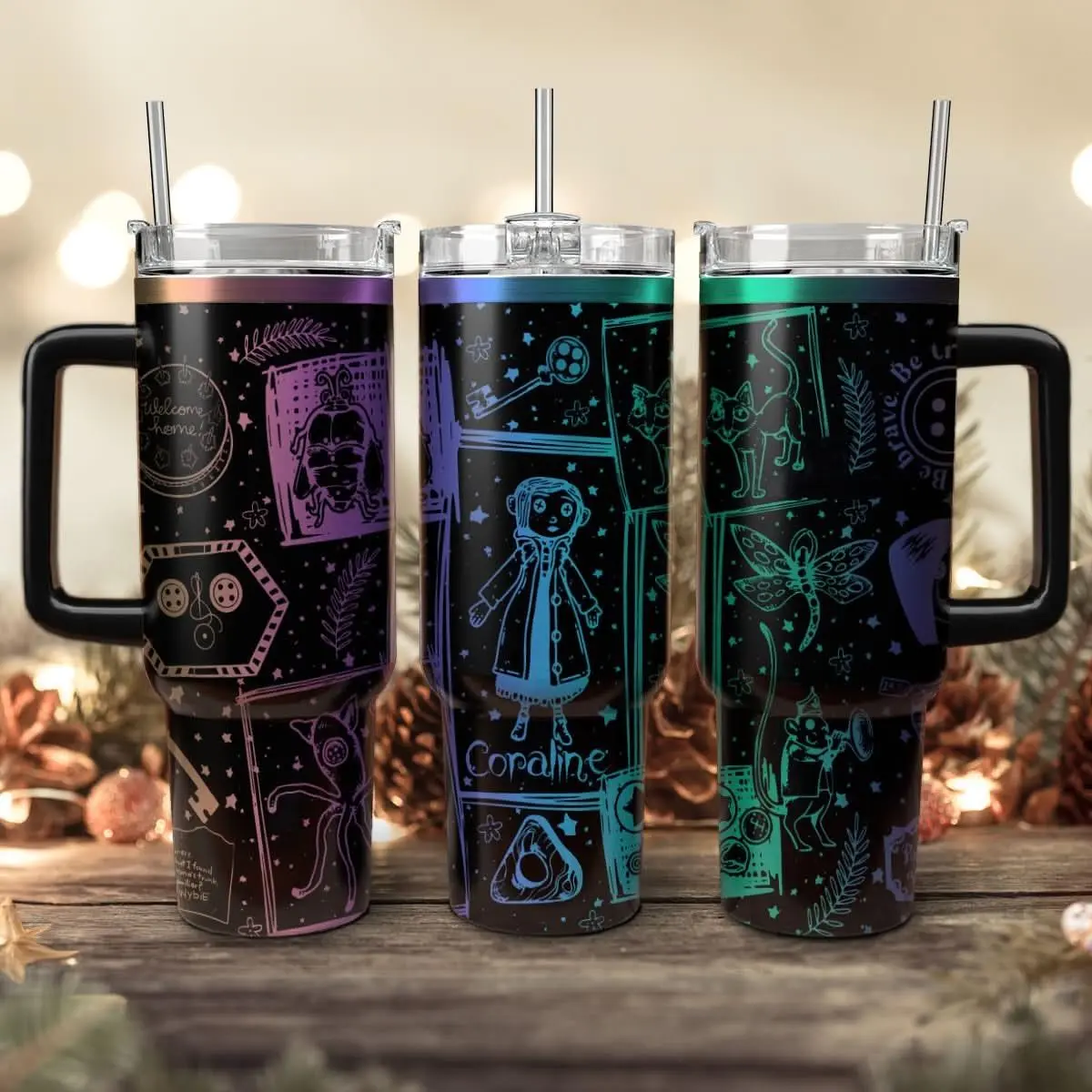 Coraline 20oz - 40oz Tumbler Stainless Steel with Straw, Double Wall Insulated, With Handle – Epic Cartoon Movies Series Design, Perfect Gift for Fans