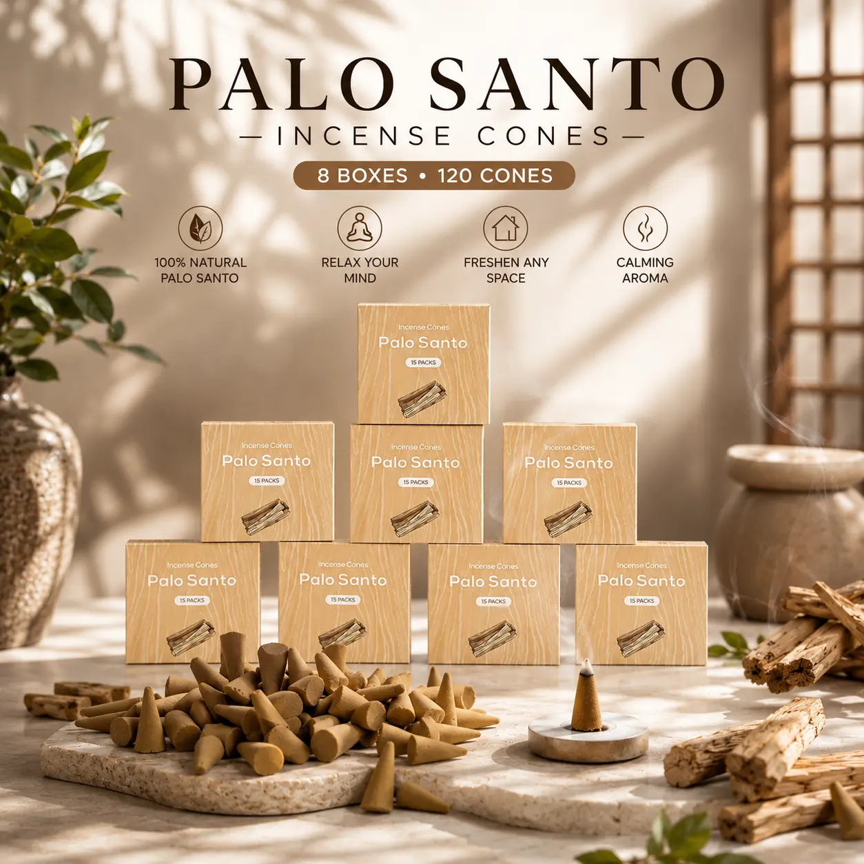 Palo Santo Incense Cones - 8 Boxes (15 Cones Each) Home Freshener, Aroma Scent Room Cleanser, Ideal Gift for Home Fragrance Needs natural home care supply retail