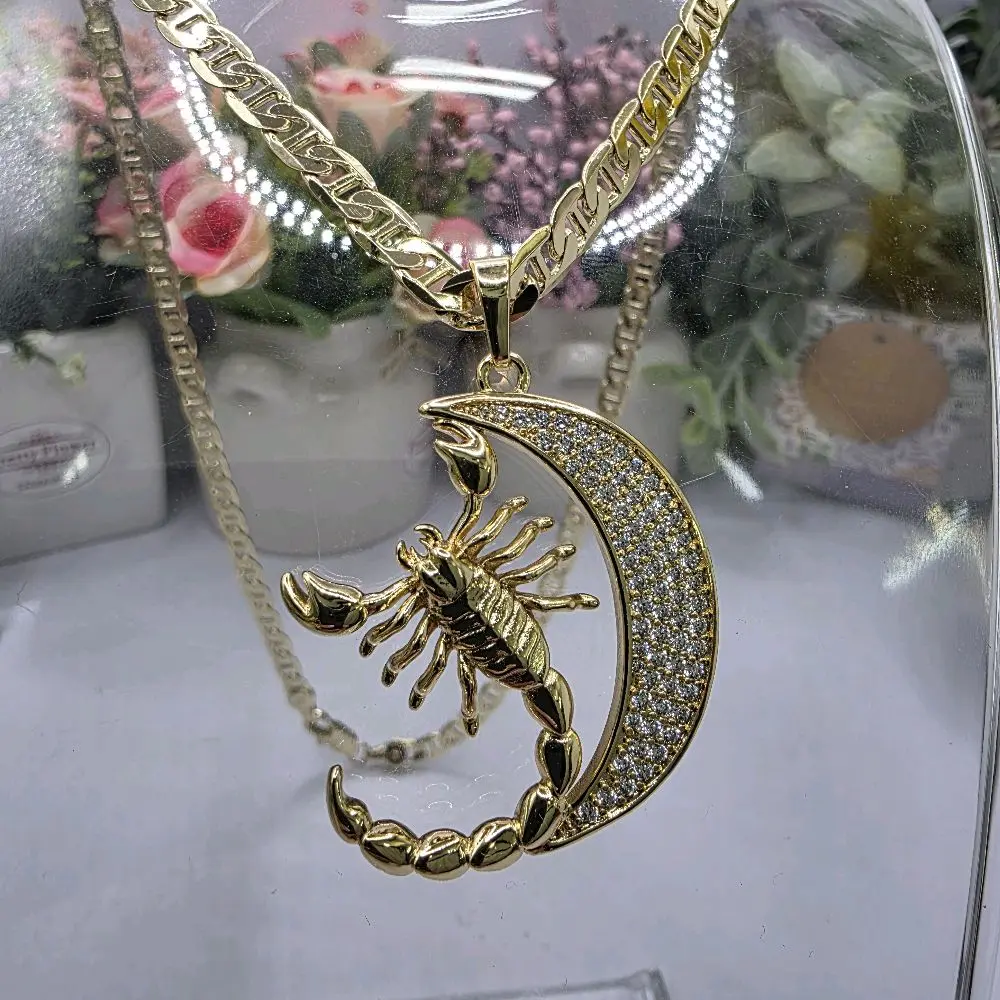 # 0319 14k Gold Plated High-Quality Necklace, Diamond-Accented Moon Pendant with Scorpion Design