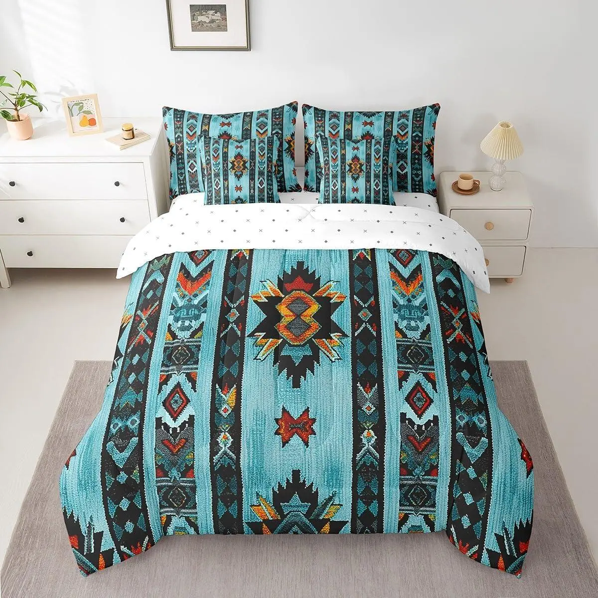 Deep Blue Southwestern Bedding Set Geometric Comforter Set 7 Pieces Tribal Exotic Style Native American Indian Bed in a Bag Stripe Line Bed Set with Comforter,Sheet Set,Pillowcases