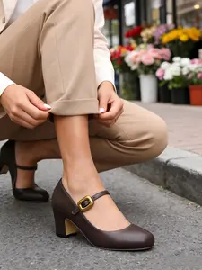 Women's Elegant Round Toe Mary Jane Shoes, Gold Buckle Design, Comfortable Thick Heel High Heels, Perfect for Party, Wedding, Business